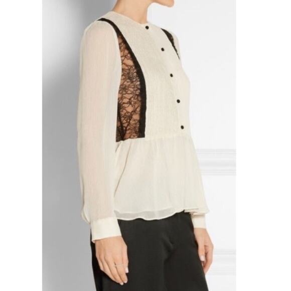 Alice + Olivia Elysia Lace Paneled Plisse-Georgette Off White/Black Peplum Top - Picture 12 of 12
